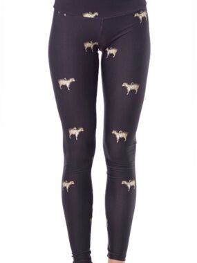 GOLDSHEEP Black Gold Sheep Mid Rise Shiny Sleek Active Workout Legging Size L